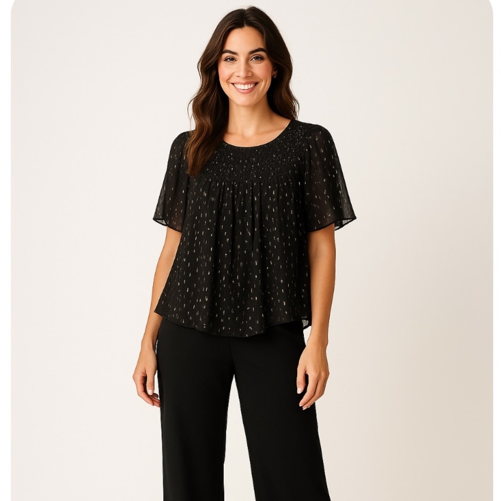 Velvet by Graham & Spencer Metallic Semi Sheer Babydoll Blouse L Black